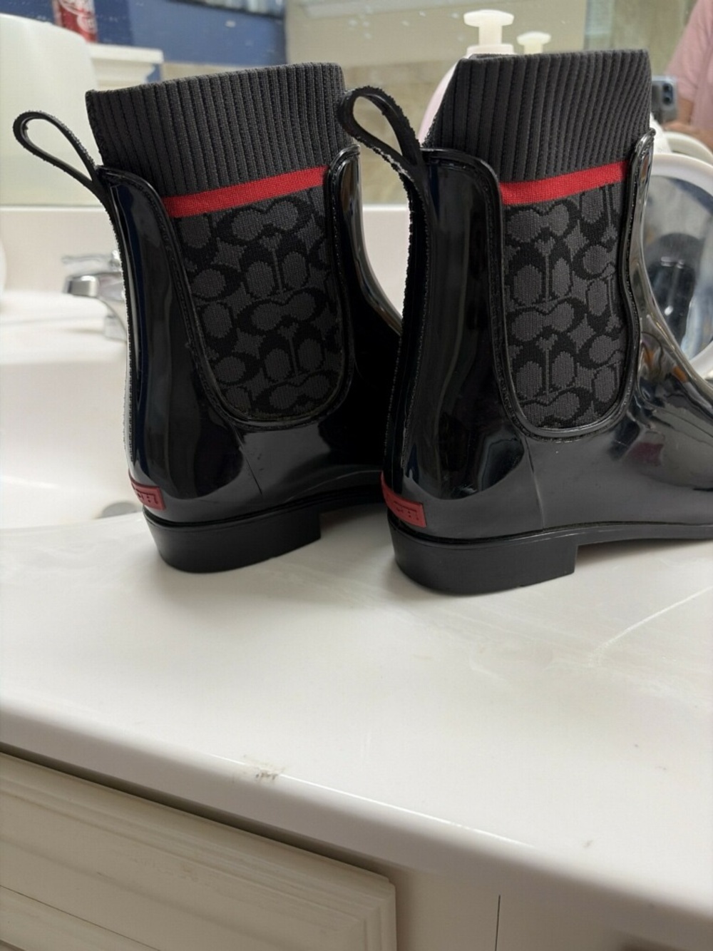 Coach Black Patent Rain Ankle Booties with Red Trim - Picture 2 of 4